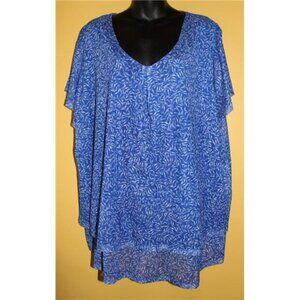 Emaline Woman 2x Blue White Flutter Sleeve Tiered Bottom Blouse V Neck